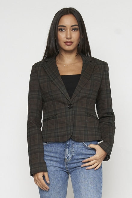 BROWN BLACK PLAID LINING LONG SLEEVE ONE BUTTON OFFICE JACKET