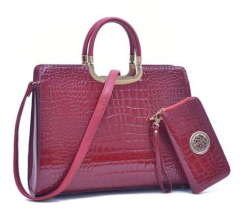 MK Belted Women's Patent Briefcase Handbag with Wallet - Wine