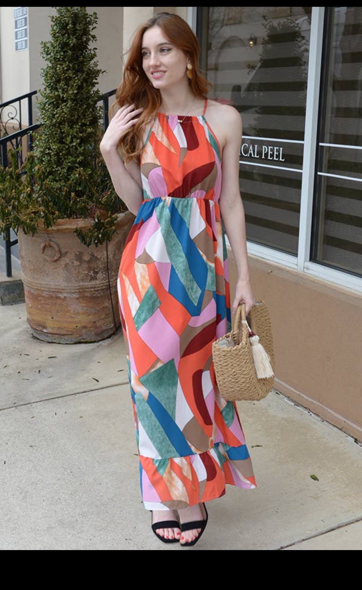 Geometric Print Sleeveless Woven Maxi Dress